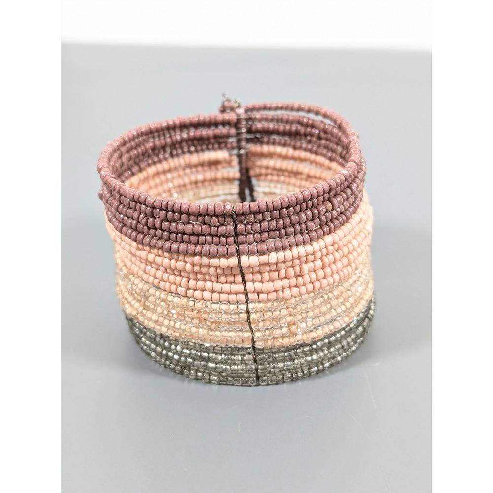 Wide Glass Bead Bracelet Ombre Boho Cuff Pink Purple Gray 7.5 Inch - Picture 2 of 10